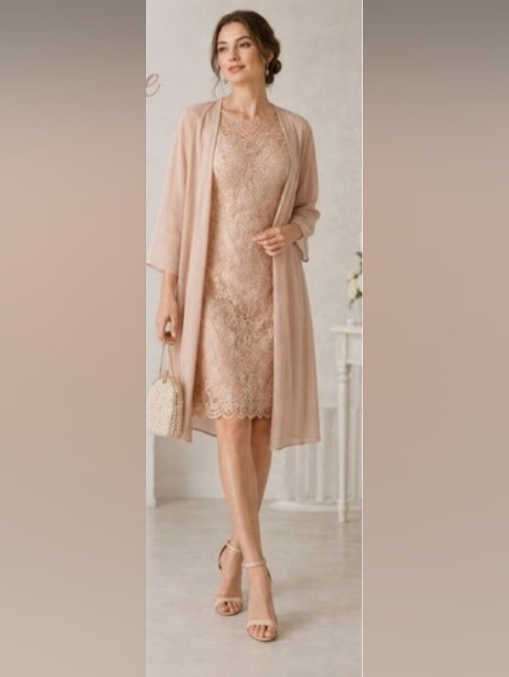 NWT Women's Size 16 Champagne Blush Lace Dress with Chiffon Jacket -  Formal